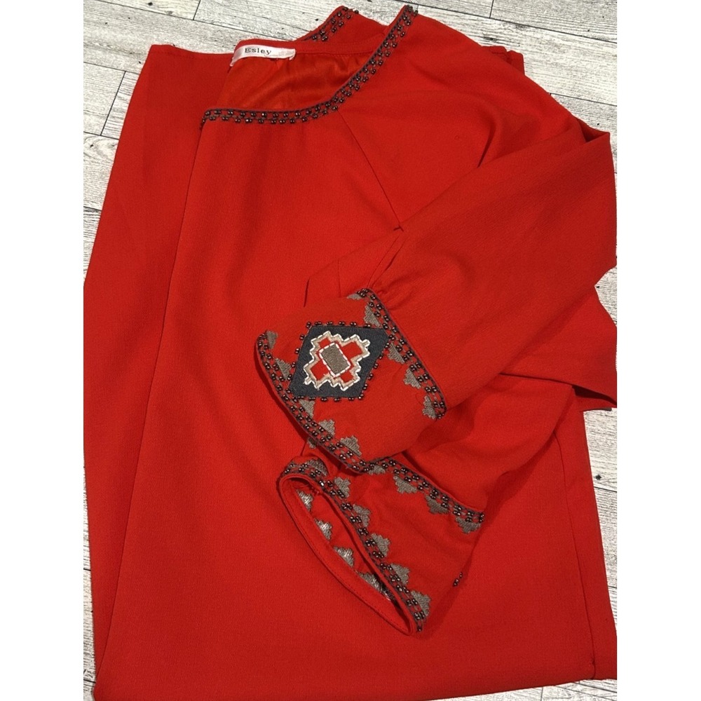 Esley  beaded‎ trim quarter sleeve Retro Dress Red Women's Size Small